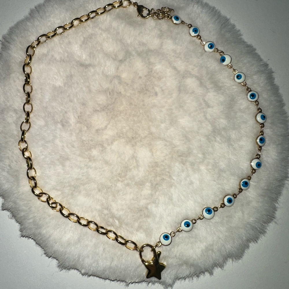 Gold Star Evil Eye Necklace – Half Chain Half Evil Eye Beads – Trendy Protection